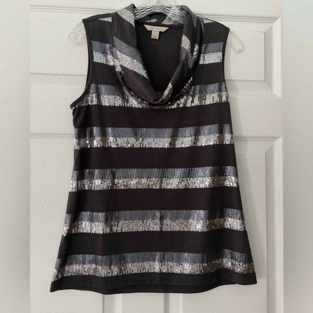 Laura Ashley Sleeveless Cowl neck Sequined Top black gray size small